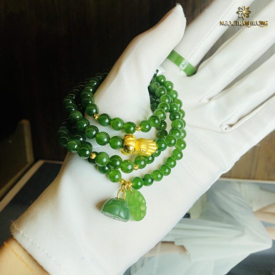 Chuỗi Ngọc Bích 6mm quấn tay 4 vòng mix charm vàng và cẩm thạch